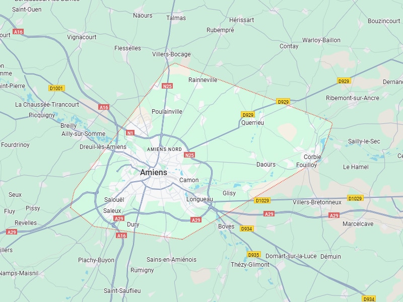 Amiens et environs : Carte des villes, routes A16, A29, N25 Secteur d'Amiens : carte des villes (Poulainville, Corbie, Saleux) et routes (A16, A29, N25). Un périmètre rouge délimite la zone.